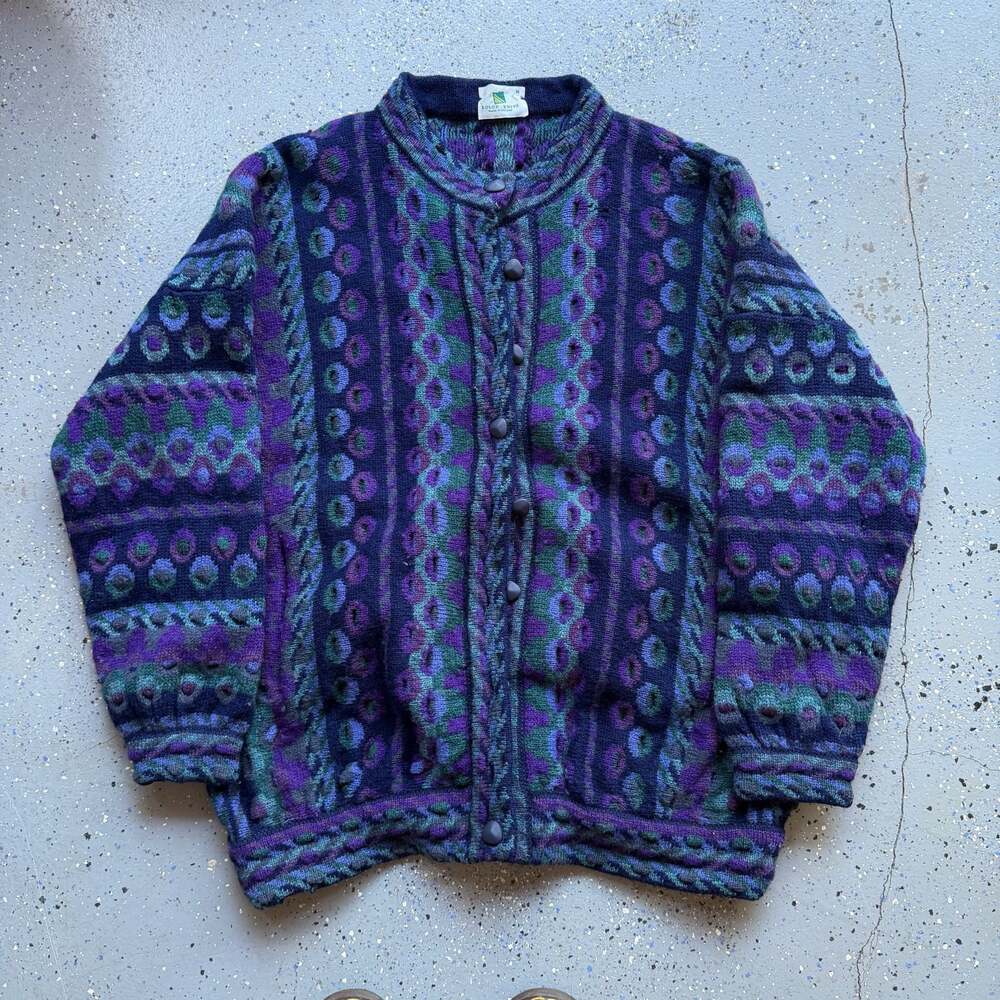 Vintage Kolor Knits Made in Ireland Abstract Pattern Wool Cardigan Sweater Size
